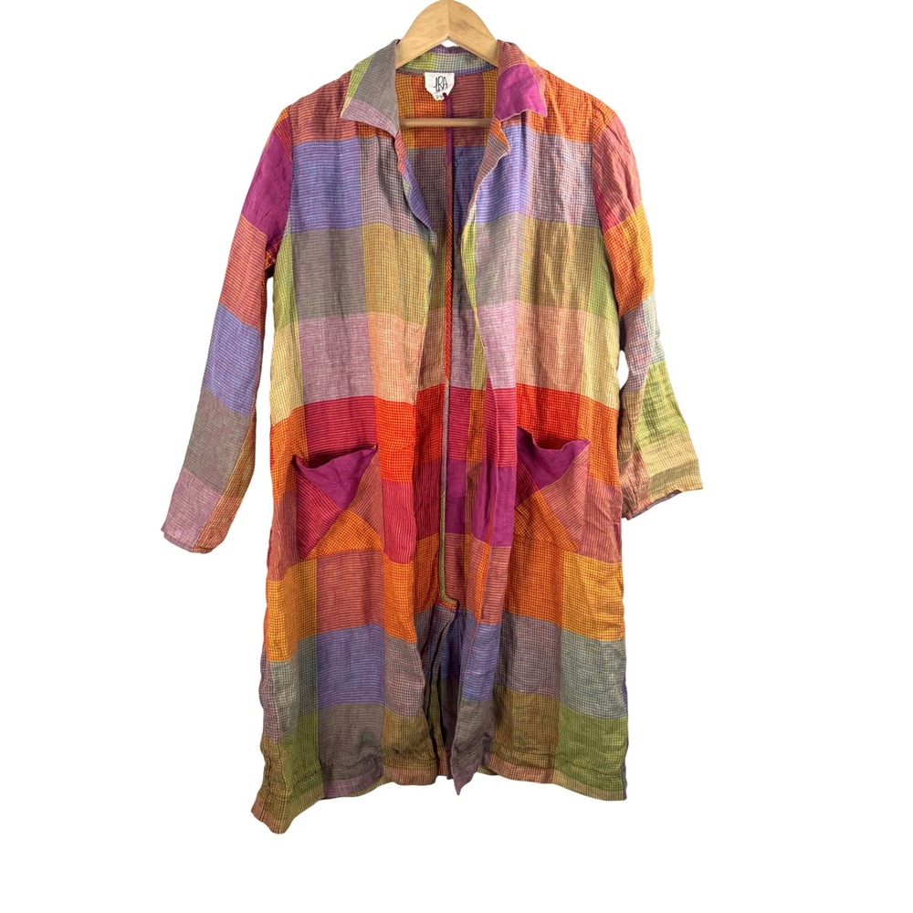 dRA Los Angeles Duster sz XSP Rainbow Plaid Linen Patchwork Coat retro boho